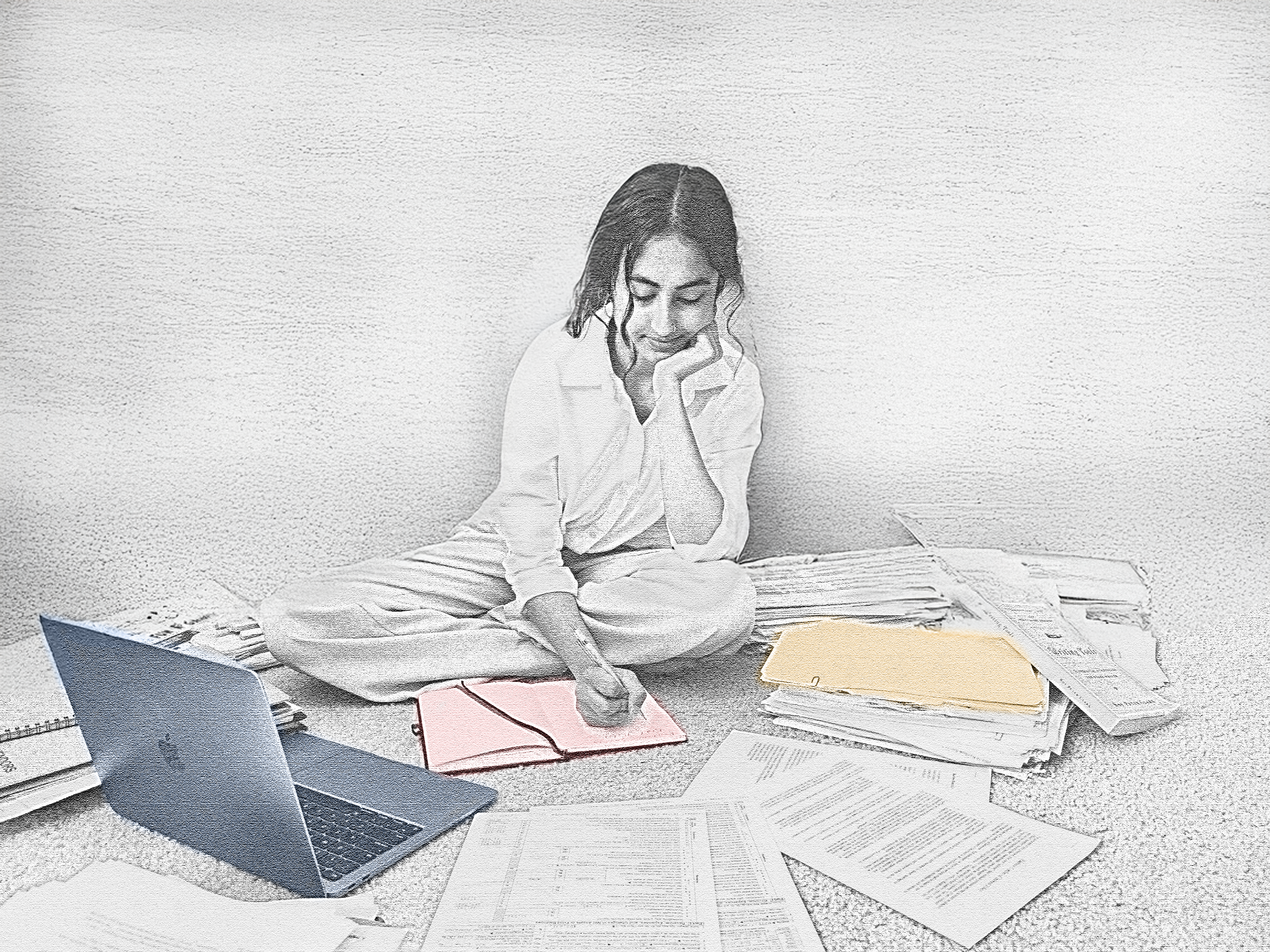 Black and white sketch image of Keya sitting criss-crossed on the ground of her bedroom as she works on an investigation, surrounded by a stack of papers and files. Her macbook is colored steel blue in the bottom left corner, her bullet journal is colored a dusty pink rose in front of her and a manila folder is colored amber yellow on the lower right.